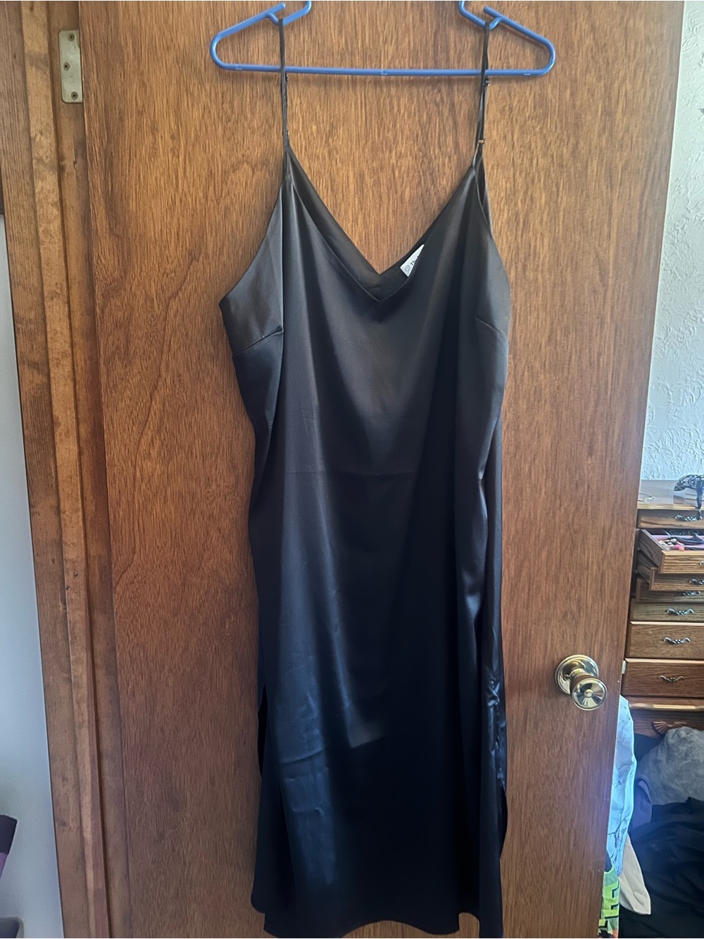 Women's Black Satin Midi Slip Dress